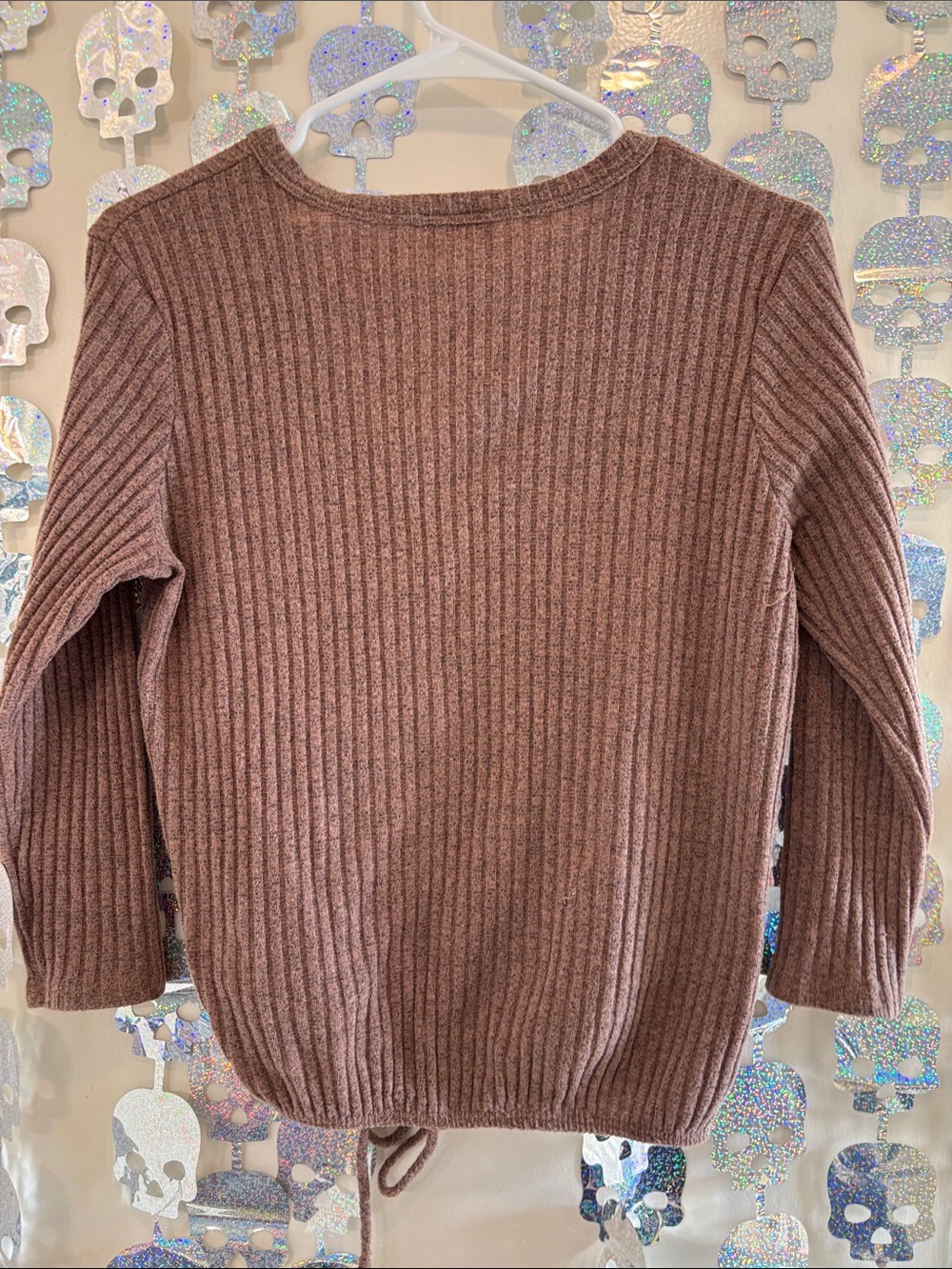 Free People Brown Ribbed V-Neck Button Cardigan with Drawstring - Picture 3 of 3